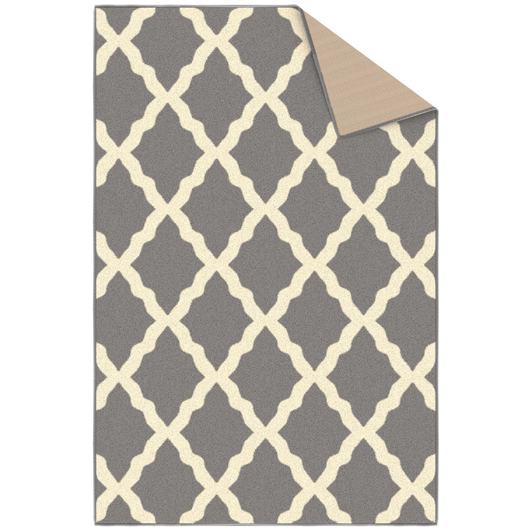 Gray and White Washable Non-Slip Trellis Area Rug
