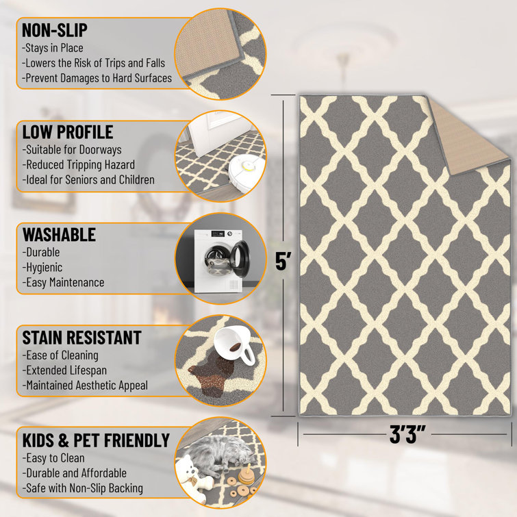 Gray and White Washable Non-Slip Trellis Area Rug