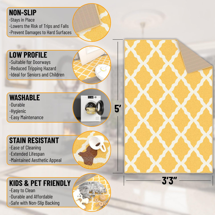 Yellow and White Moroccan Trellis Washable Kids Rug