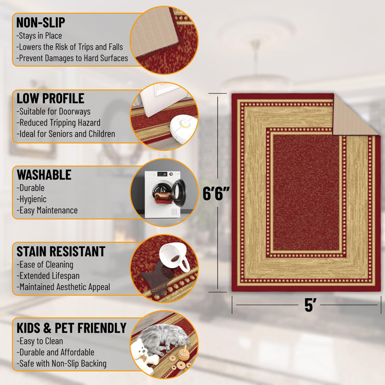 Red and Beige Synthetic Non-Slip Washable Area Rug 5' x 7'
