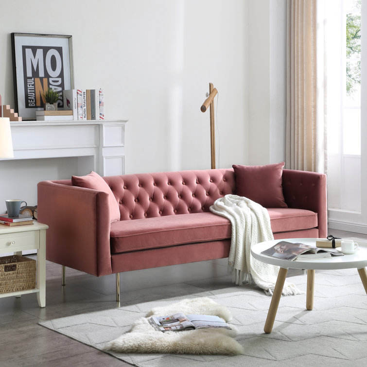 Blush Pink Velvet Chesterfield Sofa with Rolled Arms