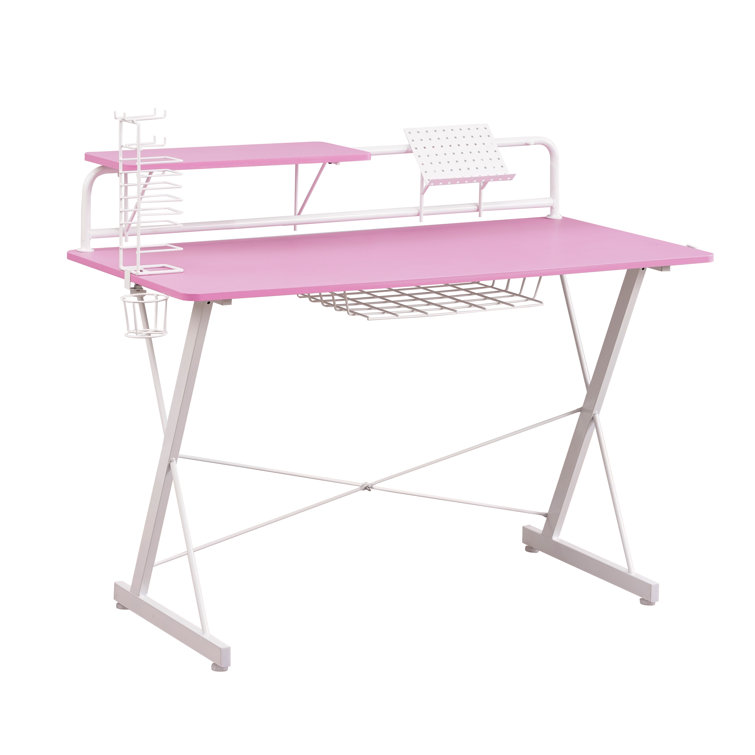 Techni Sport Dual Monitor Carbon Fiber Gaming Desk with Cup Holder - Pink