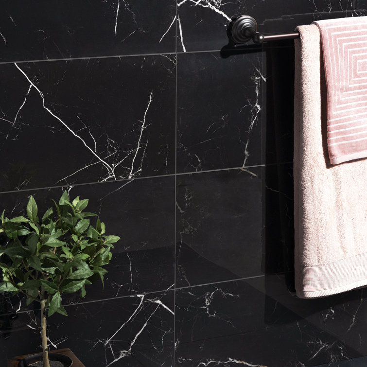 Grace Black Polished Porcelain Marble Look Tile 12" x 24"