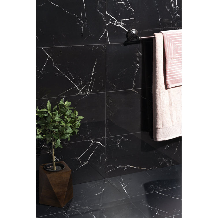 Grace Black Polished Porcelain Marble Look Tile 12" x 24"