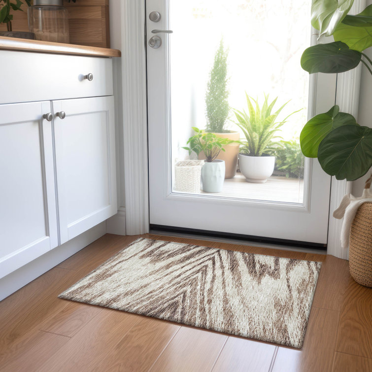 Brown and Beige Synthetic Rectangular Washable Rug