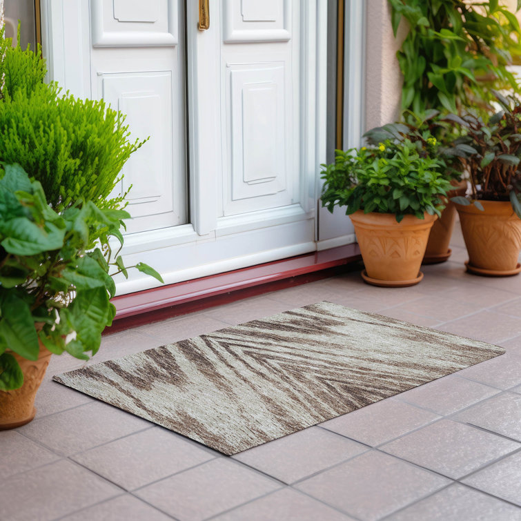 Brown and Beige Synthetic Rectangular Washable Rug