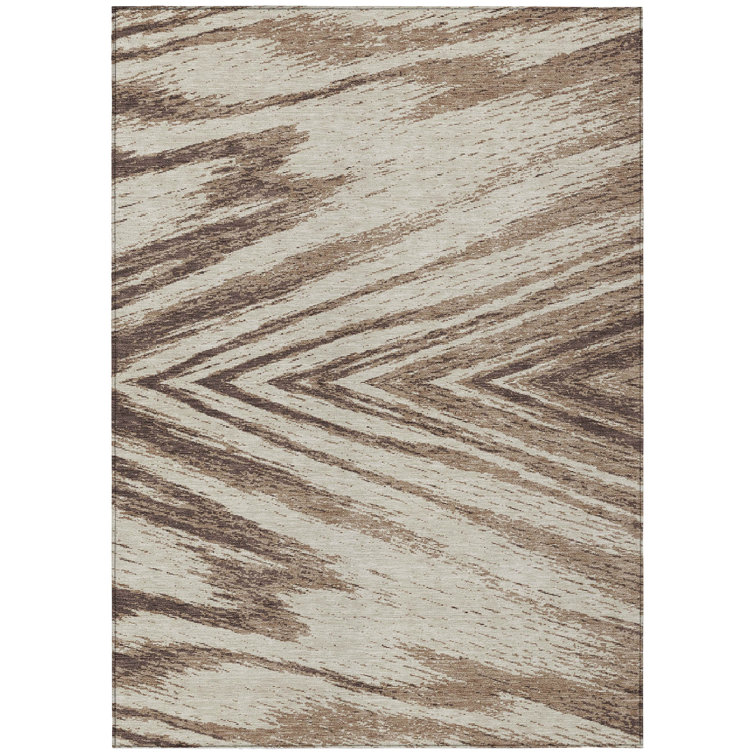 Brown and Beige Synthetic Rectangular Washable Rug