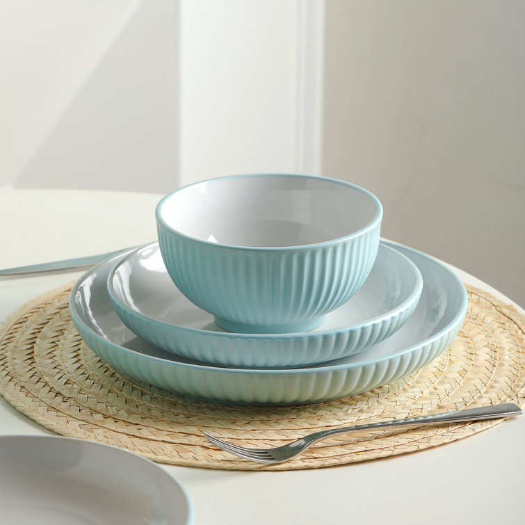Teal Ribbed Ceramic 32-Piece Dinnerware Set for 8
