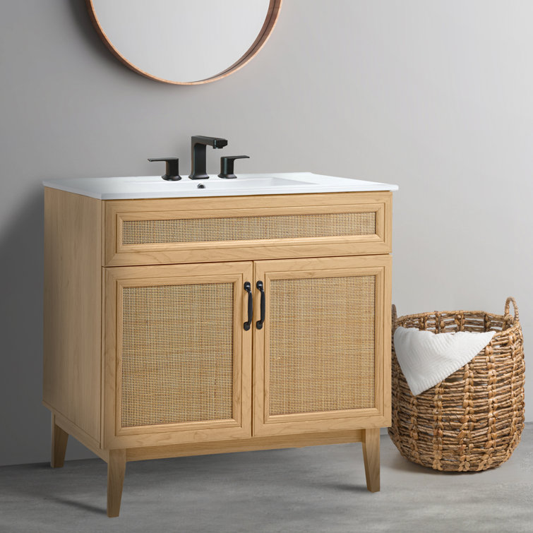Javer 36" Oak Rattan Modern Farmhouse Bath Vanity Cabinet