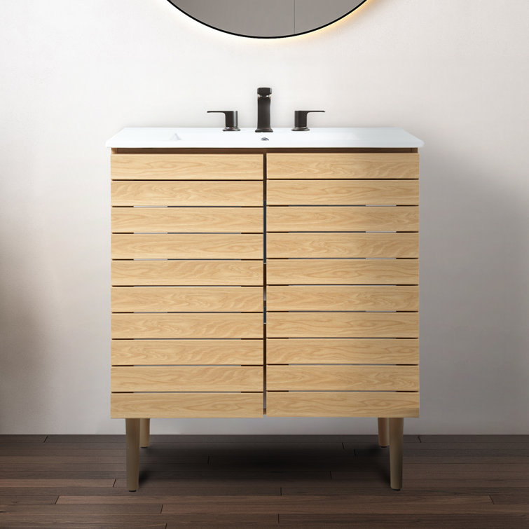 Aubert 30" Oak Slat Modern Farmhouse Bath Vanity Cabinet