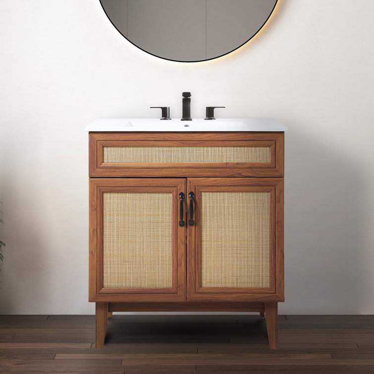 Javer 30" Walnut Rattan Modern Farmhouse Bath Vanity Cabinet