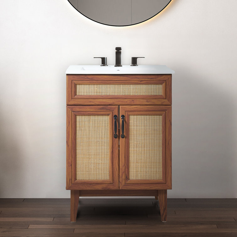 Javer 24" Walnut Rattan 2-Shelf Bath Vanity Cabinet