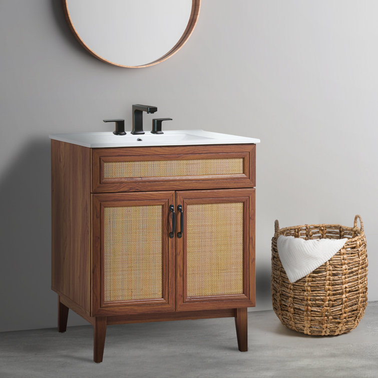 Javer 30" Walnut Rattan Modern Farmhouse Bath Vanity Cabinet