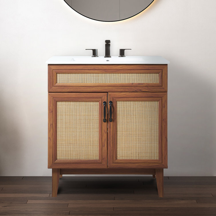 Javer 30" Walnut Rattan Modern Farmhouse Bath Vanity Cabinet