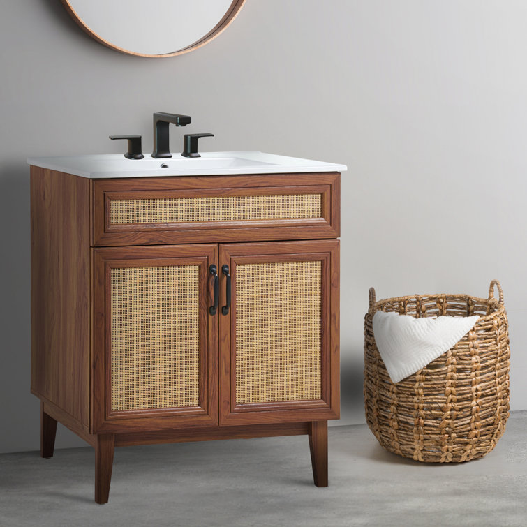Javer 30" Walnut Rattan Modern Farmhouse Bath Vanity Cabinet