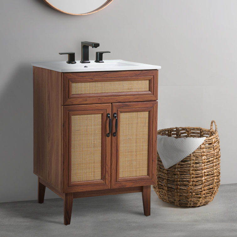 Javer 24" Walnut Rattan 2-Shelf Bath Vanity Cabinet