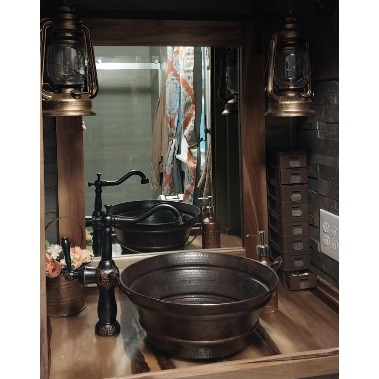 15'' Round Hand-Hammered Copper Vessel Sink with Pop-Up Drain