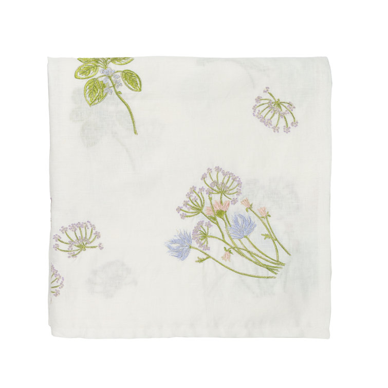 110-Inch White Linen Tablecloth with Embroidered Garden Flowers