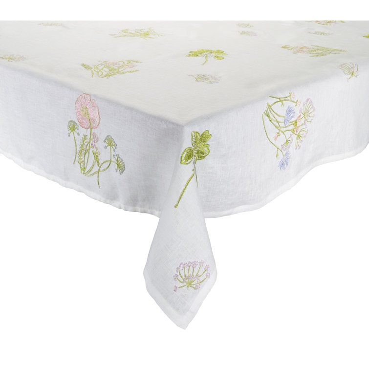 110-Inch White Linen Tablecloth with Embroidered Garden Flowers