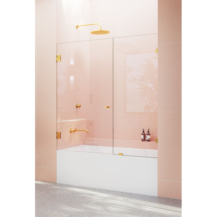 Satin Brass Frameless Glass Bathtub Shower Door 58.25" x 54"