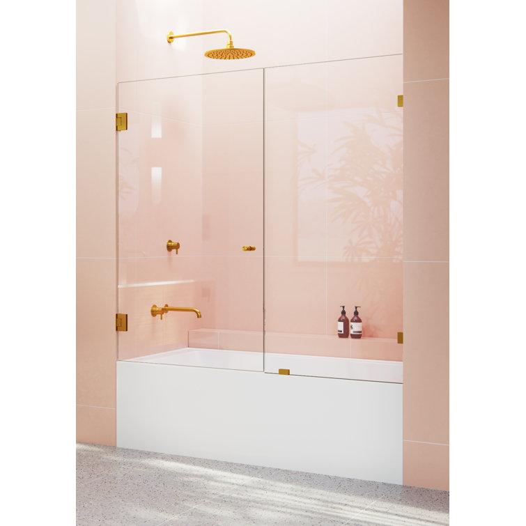 Satin Brass Frameless Glass Bathtub Shower Door, 58.25" x 62.5"