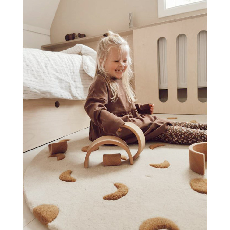 Cream and Gold Round Hand-Tufted Wool Rug