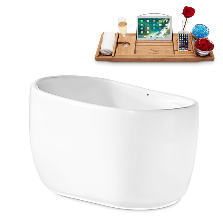 Glossy White Acrylic Freestanding Oval Soaking Tub with Gold Trim