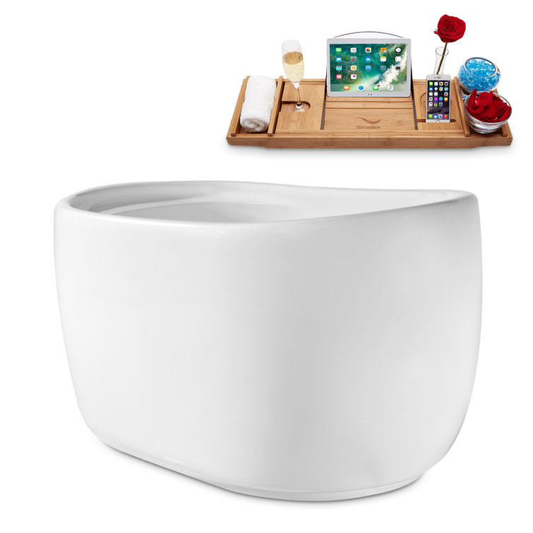 Glossy White Acrylic Freestanding Oval Soaking Tub with Gold Trim
