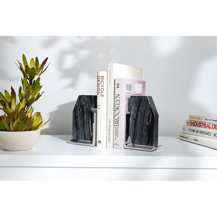 Gray and Silver Marble Metal Contemporary Bookends Set