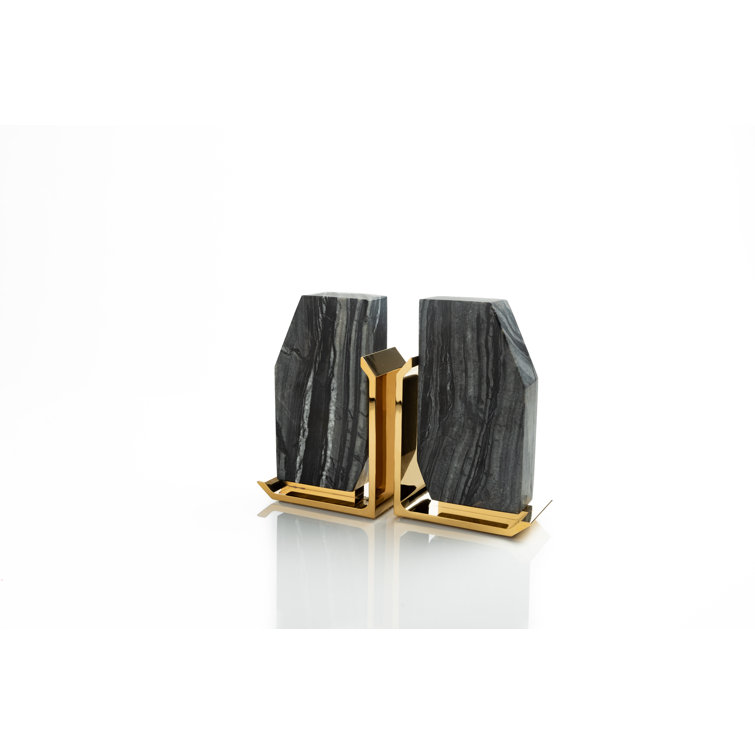 Gray and Gold Marble Metal Bookends Set