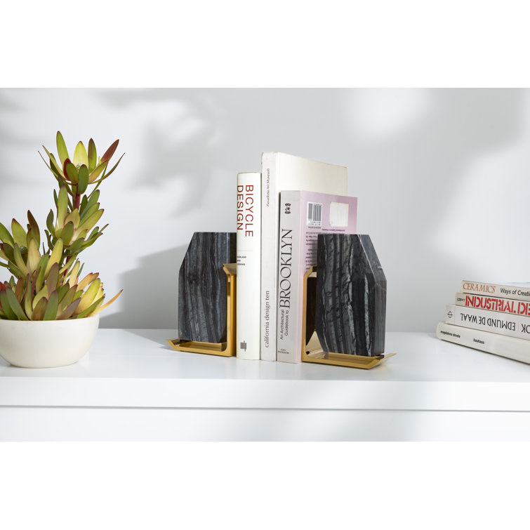 Gray and Gold Marble Metal Bookends Set