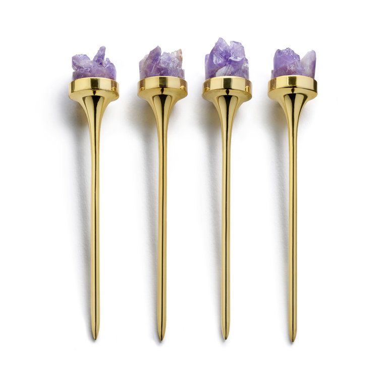 Gold-Plated Cocktail Picks with Amethyst Druze Set of 4