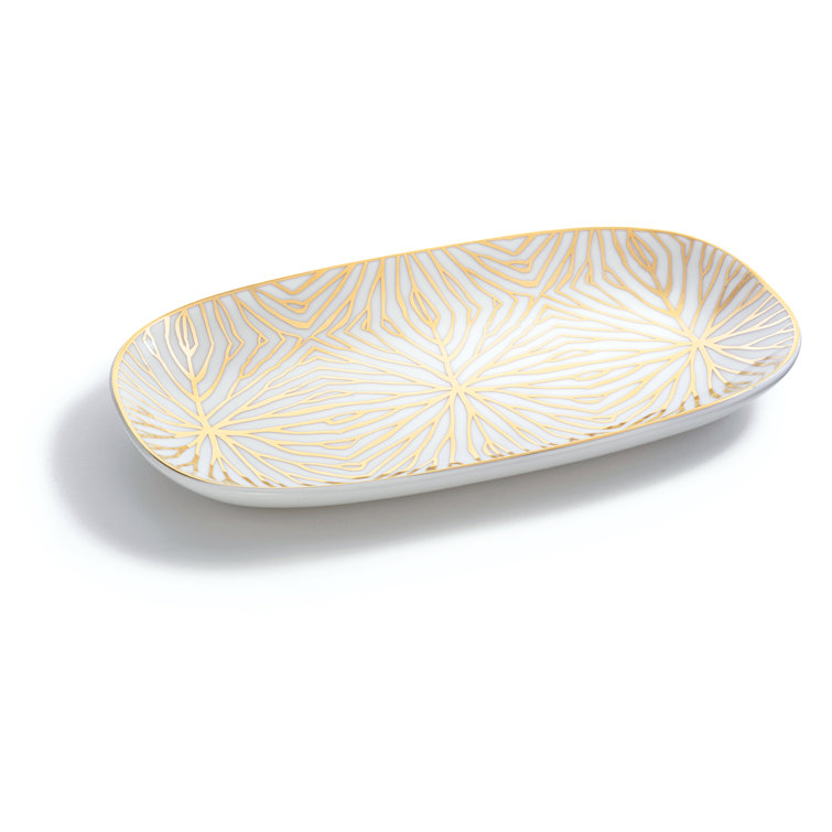 White and Gold Abstract Ceramic Oval Tray