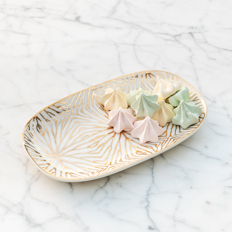 White and Gold Abstract Ceramic Oval Tray