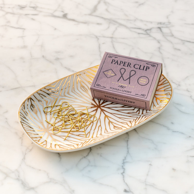 White and Gold Abstract Ceramic Oval Tray