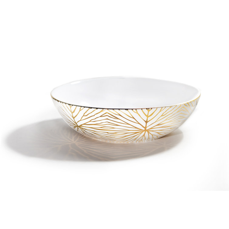White and Gold Ceramic Round Serving Bowl with 24K Gold Pattern