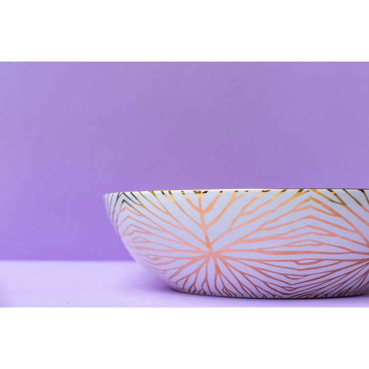 White and Gold Ceramic Round Serving Bowl with 24K Gold Pattern