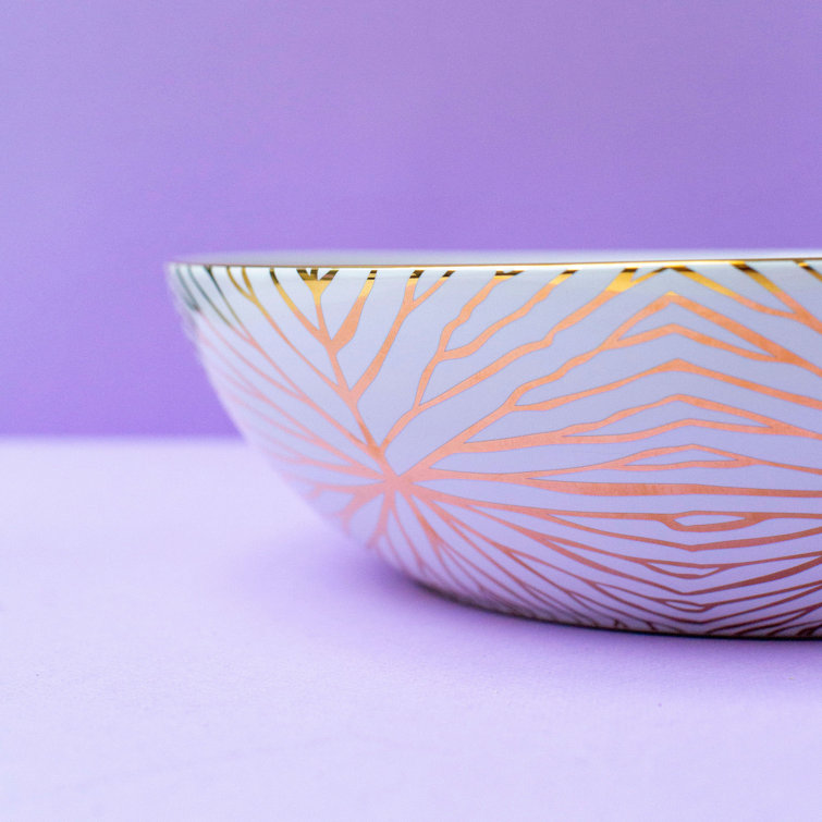White and Gold Ceramic Round Serving Bowl with 24K Gold Pattern