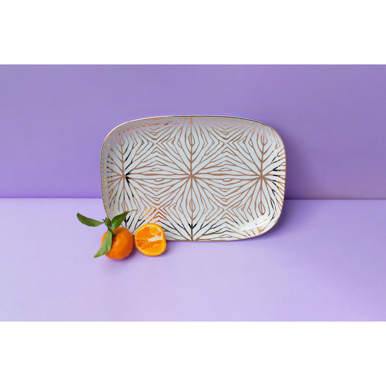 Gold and White Rectangular Ceramic Serving Platter