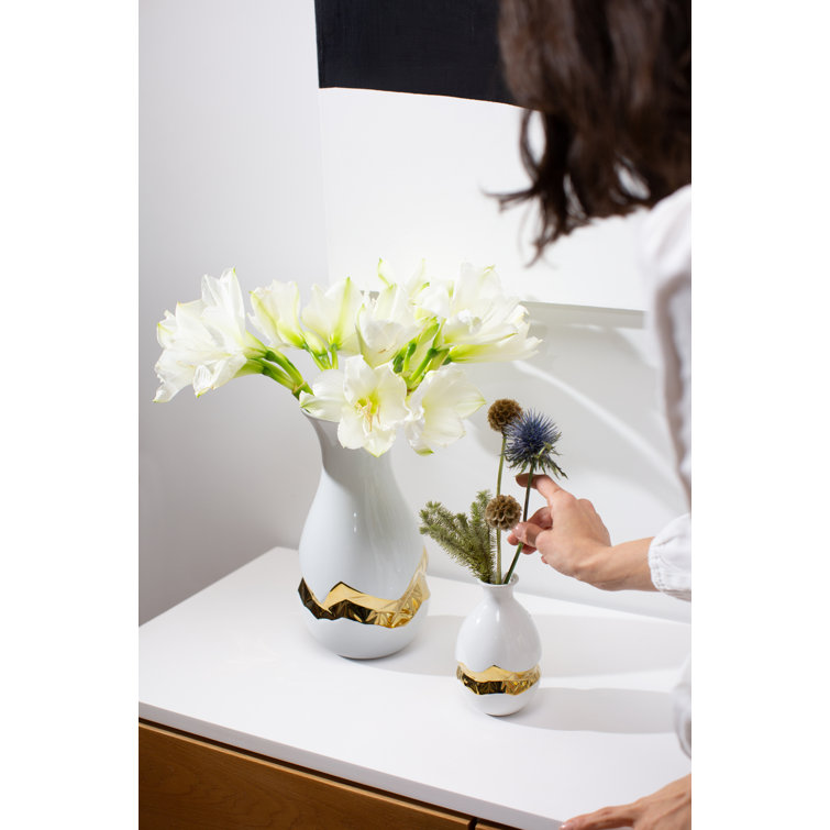 White Porcelain Urn-Shaped Bud Vase with Silver Accents