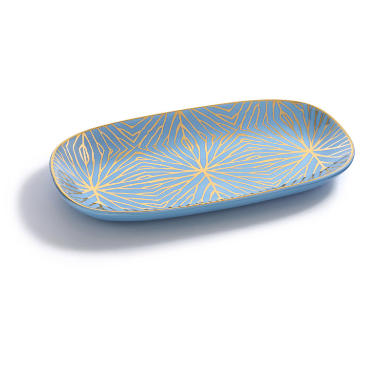 Sky Blue and Gold Ceramic Lily Pad Decorative Tray