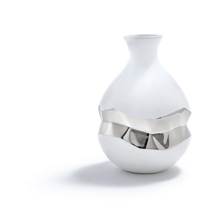 White Porcelain Urn-Shaped Bud Vase with Silver Accents