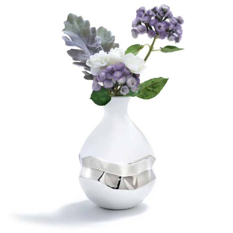 White Porcelain Urn-Shaped Bud Vase with Silver Accents