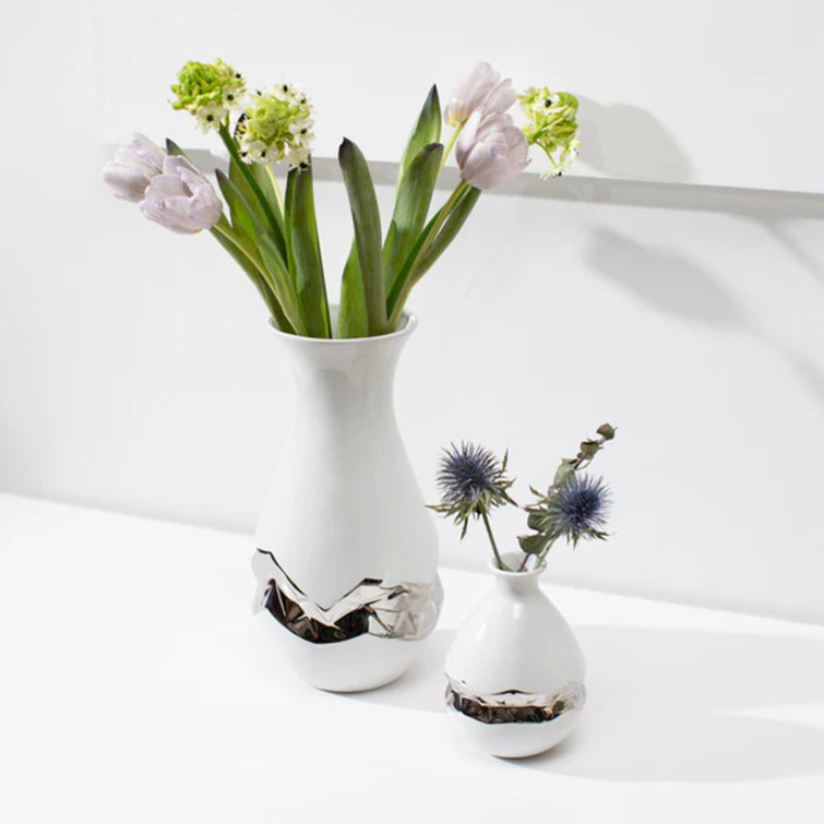 White Porcelain Urn-Shaped Bud Vase with Silver Accents