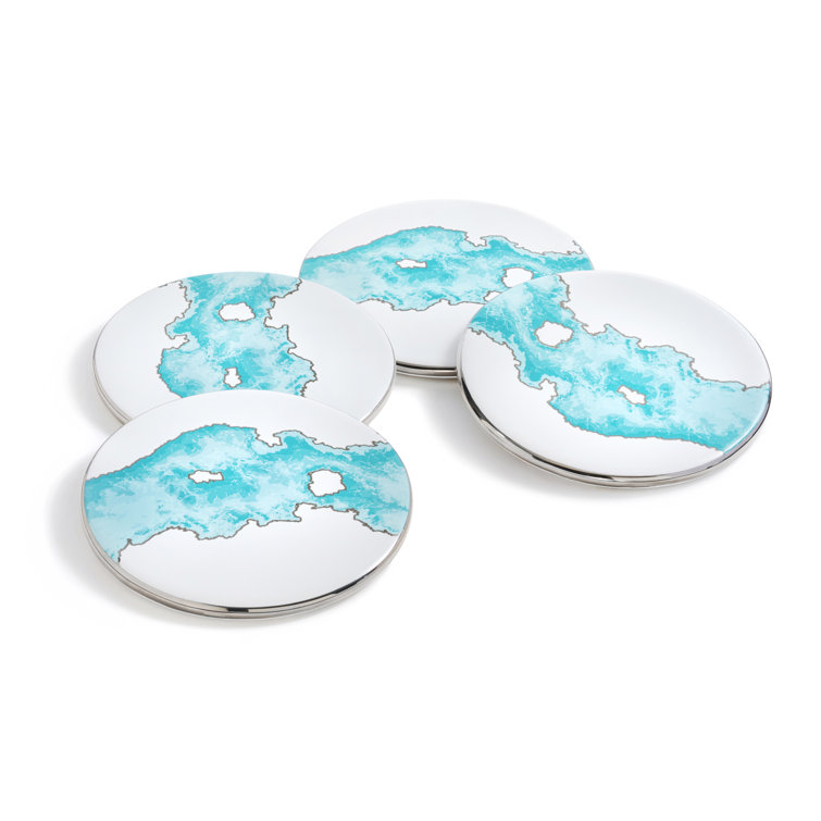 Aqua and Silver Ceramic Round Coaster Set, 4 Pieces