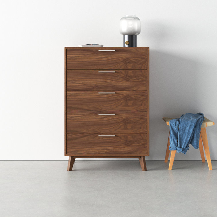 Walnut Veneer Vertical 5-Drawer Mid-Century Dresser