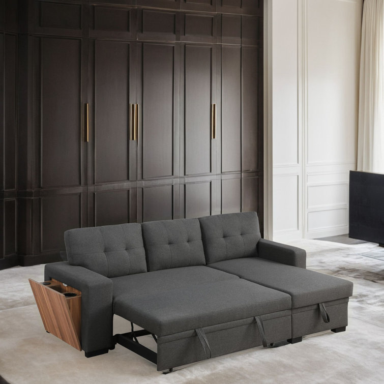 Dark Gray Tufted Fabric Reversible Sectional Sofa with Storage and Cup Holder