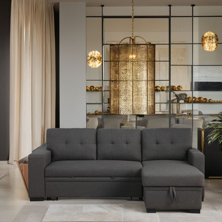 Dark Gray Tufted Fabric Reversible Sectional Sofa with Storage and Cup Holder