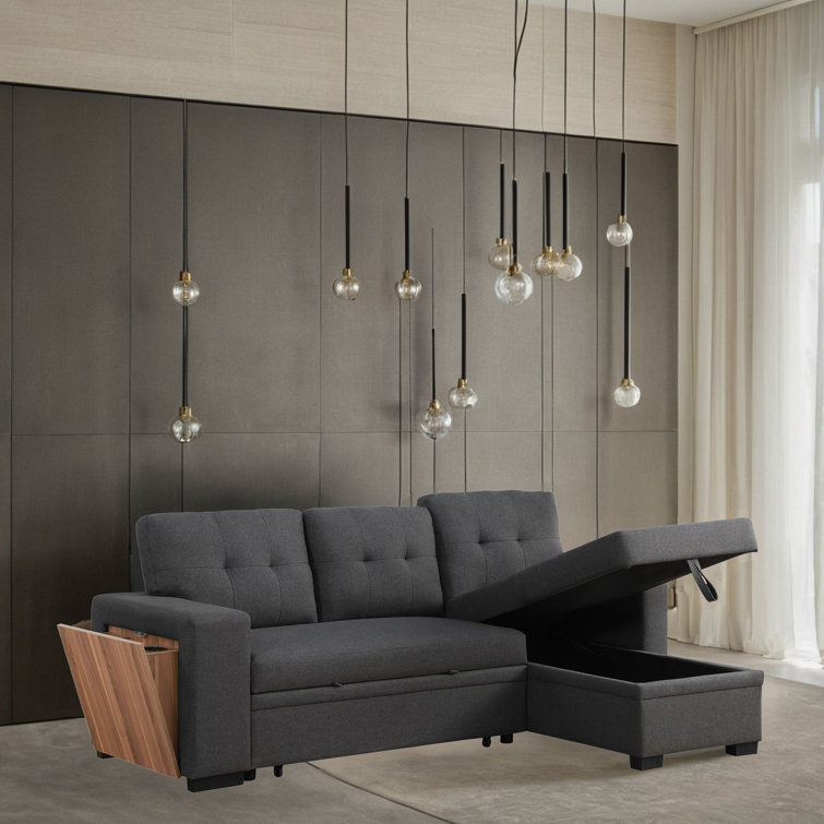 Dark Gray Tufted Fabric Reversible Sectional Sofa with Storage and Cup Holder