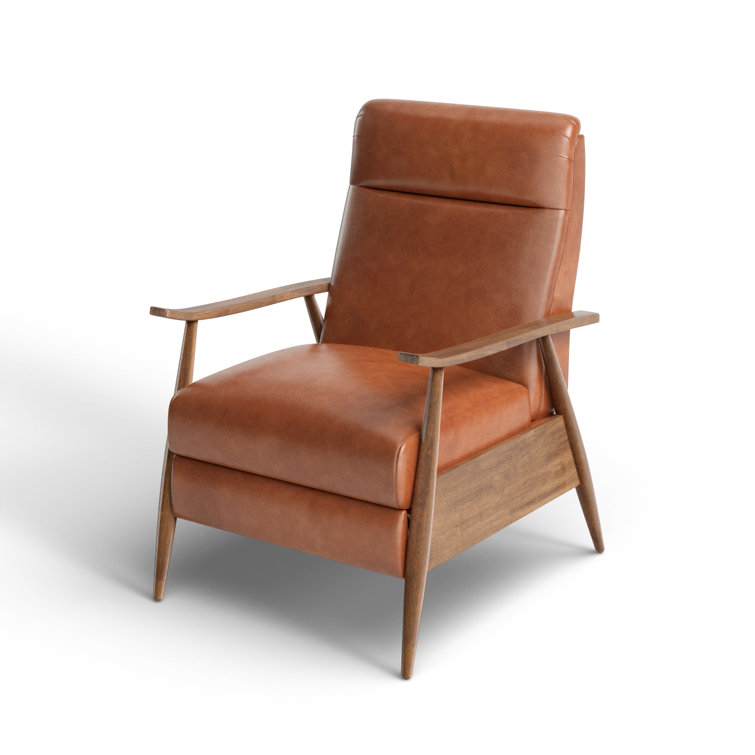 Caramel Mid-Century Modern Faux Leather Recliner with Wooden Arms